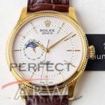 Perfect Replica Rolex Cellini White Moonphase Guilloche Dial Yellow Gold Case 39mm Watch